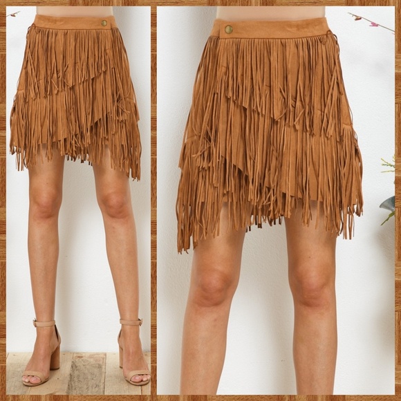 Sexy Faux Suede Mini Skirt Asymmetrical Fringe Details Banded Waistband - Picture 5 of 13